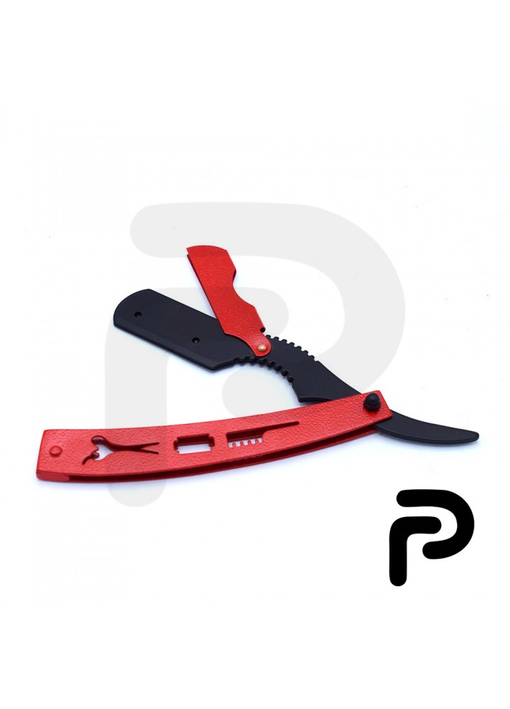 Red and black straight razor with packing